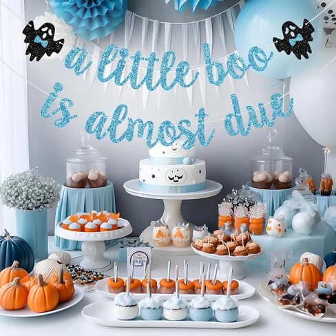 A Little Boo is Almost Due Banner, Little Boo Baby Shower Decorations Boy, Halloween Theme Baby Shower Birthday Party Decorations, Blue Glitter in Kuwait