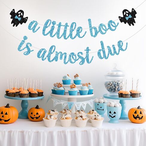 A Little Boo is Almost Due Banner, Little Boo Baby Shower Decorations Boy, Halloween Theme Baby Shower Birthday Party Decorations, Blue Glitter in Kuwait