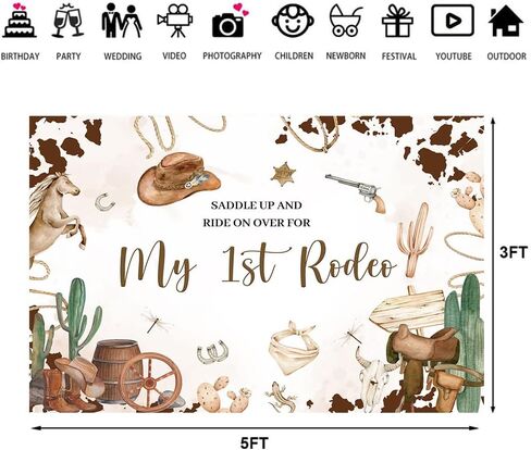 Hilioens 5×3ft My 1st Rodeo Backdrop Western Cowboy First Birthday Background for Girl Wild West Cactus Mexican Cowboy Party Decorations Banner Supplies in Saudi Arabia