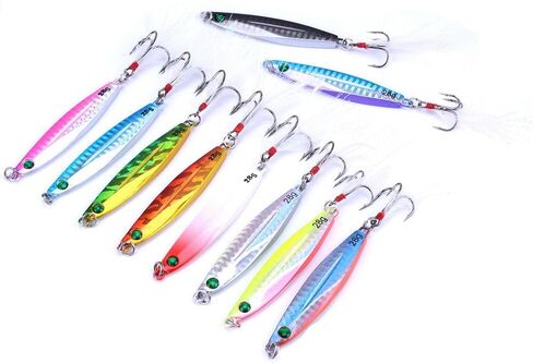 Aorace 10pcs Hard Metal Jigs Diving Sea Fishing Lures Minnow Popper Baits Tackle Crankbait Saltwater Freshwater Lures with Feather in Kuwait