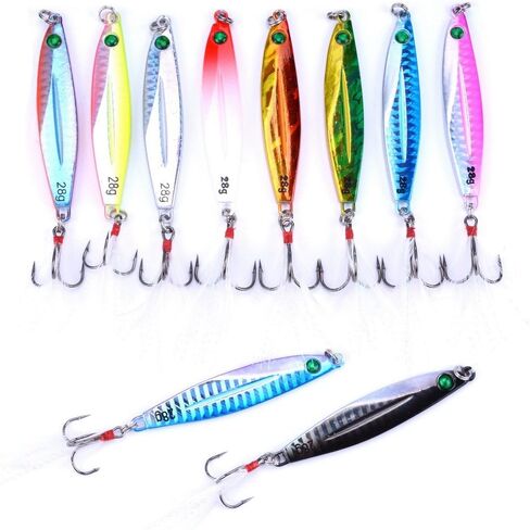 Aorace 10pcs Hard Metal Jigs Diving Sea Fishing Lures Minnow Popper Baits Tackle Crankbait Saltwater Freshwater Lures with Feather in Kuwait