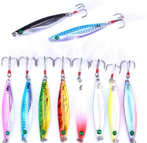 Aorace 10pcs Hard Metal Jigs Diving Sea Fishing Lures Minnow Popper Baits Tackle Crankbait Saltwater Freshwater Lures with Feather in Kuwait
