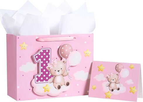 Loveinside Pink Gift Bag for Baby Girls, Balloon Bear and Number 1 Design, Adorable Gift Bag with Tissue Paper, Tag, Greeting Card Great for Baby 1st Birthday Party, 13" x 5" x 10", 1 Pcs in Saudi Arabia