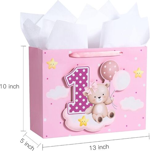 Loveinside Pink Gift Bag for Baby Girls, Balloon Bear and Number 1 Design, Adorable Gift Bag with Tissue Paper, Tag, Greeting Card Great for Baby 1st Birthday Party, 13" x 5" x 10", 1 Pcs in Saudi Arabia