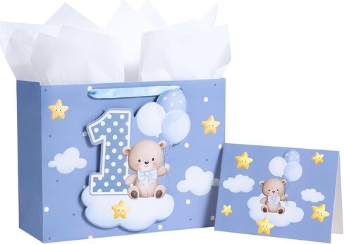 Loveinside Pink Gift Bag for Baby Girls, Balloon Bear and Number 1 Design, Adorable Gift Bag with Tissue Paper, Tag, Greeting Card Great for Baby 1st Birthday Party, 13" x 5" x 10", 1 Pcs in Saudi Arabia