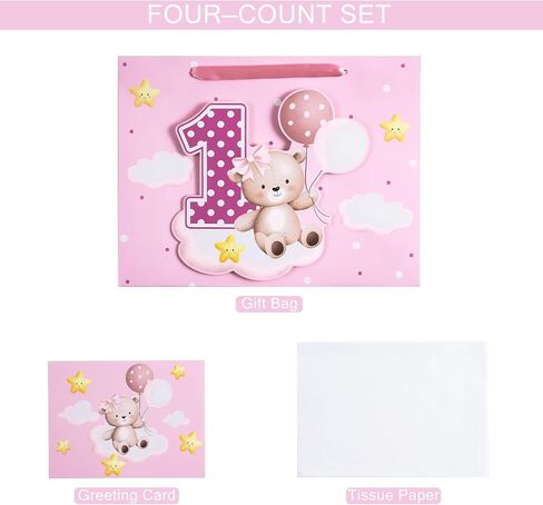 Loveinside Pink Gift Bag for Baby Girls, Balloon Bear and Number 1 Design, Adorable Gift Bag with Tissue Paper, Tag, Greeting Card Great for Baby 1st Birthday Party, 13" x 5" x 10", 1 Pcs in Saudi Arabia