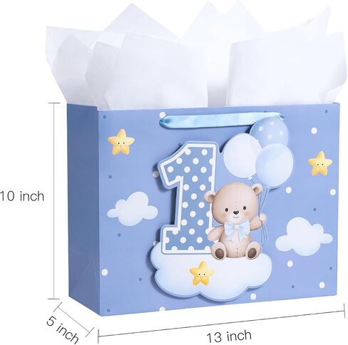Loveinside Pink Gift Bag for Baby Girls, Balloon Bear and Number 1 Design, Adorable Gift Bag with Tissue Paper, Tag, Greeting Card Great for Baby 1st Birthday Party, 13" x 5" x 10", 1 Pcs in Saudi Arabia