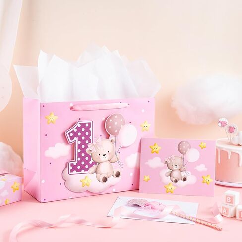 Loveinside Pink Gift Bag for Baby Girls, Balloon Bear and Number 1 Design, Adorable Gift Bag with Tissue Paper, Tag, Greeting Card Great for Baby 1st Birthday Party, 13" x 5" x 10", 1 Pcs in Saudi Arabia