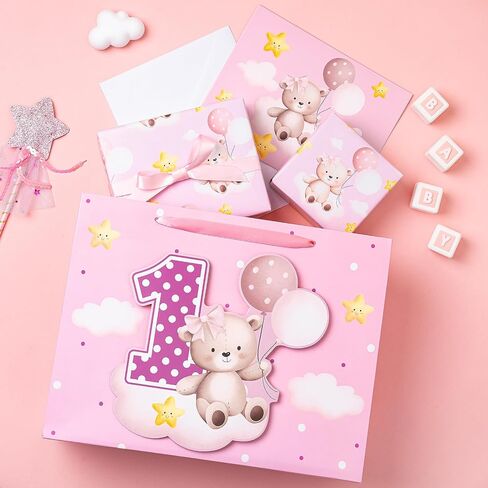 Loveinside Pink Gift Bag for Baby Girls, Balloon Bear and Number 1 Design, Adorable Gift Bag with Tissue Paper, Tag, Greeting Card Great for Baby 1st Birthday Party, 13" x 5" x 10", 1 Pcs in Saudi Arabia