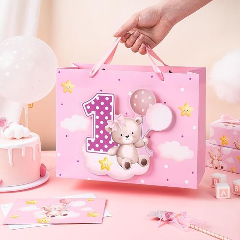 Loveinside Pink Gift Bag for Baby Girls, Balloon Bear and Number 1 Design, Adorable Gift Bag with Tissue Paper, Tag, Greeting Card Great for Baby 1st Birthday Party, 13" x 5" x 10", 1 Pcs in Saudi Arabia