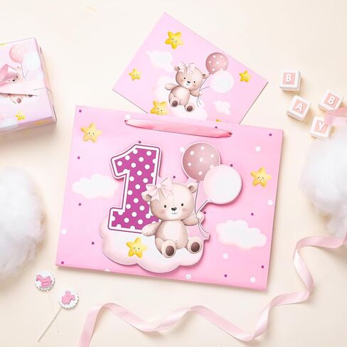 Loveinside Pink Gift Bag for Baby Girls, Balloon Bear and Number 1 Design, Adorable Gift Bag with Tissue Paper, Tag, Greeting Card Great for Baby 1st Birthday Party, 13" x 5" x 10", 1 Pcs in Saudi Arabia