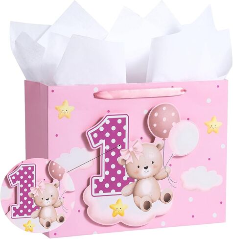 Loveinside Pink Gift Bag for Baby Girls, Balloon Bear and Number 1 Design, Adorable Gift Bag with Tissue Paper, Tag, Greeting Card Great for Baby 1st Birthday Party, 13" x 5" x 10", 1 Pcs in Saudi Arabia