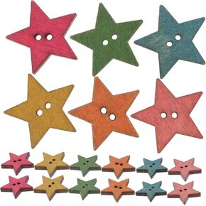50pcs Colorful Wooden Star Buttons: Handmade Wood Crafts Decor Tags for Crochet, Vintage Star Pentagram Buttons