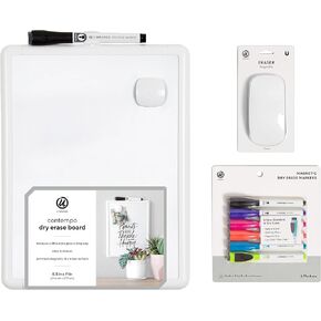 U Brands Contempo Magnetic Dry Erase Board, 8.5 x 11 Inches, White Frame + Eraser + 6 Count Dry Erase Markers, Assorted Colors
