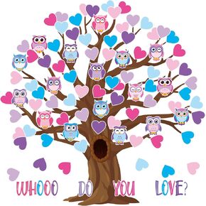 Tatuo 128 Pcs Valentine's Day Classroom Tree Bulletin Board Set 47 x 46 Inch Tree Background Owl Heart Cutouts Valentines Day Bulletin Board Decorations for School Teacher Chalkboard Supplies
