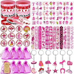 84 PCS Cowgirl Party Favors اللوازم ، أساور Cowgirl Slap الوشم مفاتيح شارات حقائب الهدايا ، Princess Princess Western Western Form for Girls
