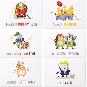 Crisky 50 Pack Funny Thank You Cards with Envelopes & Stickers, 10 Designs Fun Cute Pun Bulk, Blank Inside for Friend Teacher Employee, 4 x 6 Inch
