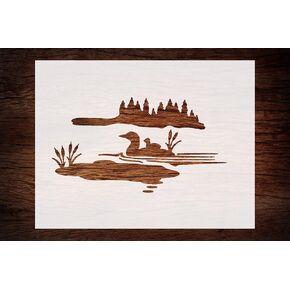 LOON LAKE SCENERTENT 11 × 8.5 بوصة - قالب الطبيعة القابلة لإعادة الاستخدام للطلاء على الخشب ، القماش ، النسيج ، الجدران ، ومشاريع ديكور المقصورة الريفية