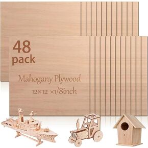 48 Pcs Mahogany Plywood Sheets,12 x 12 x 1/8 Inch - 3mm Thick Mahogany Unfinished Wood for Crafts Laser Cutting & Engraving, School DIY Projects, Painting, Fretwork, CNC Cutting, and Wood Burning