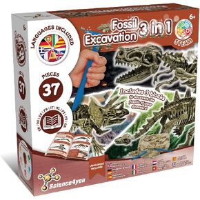 Science4you Dinosaur Fossil Exhavation Kit 4 in 1 - مجموعة الحفر الأحفورية للأطفال ، بناء 4 أحافير ديناصور ، 46 قطعة ، مجموعة علم الآثار ، مجموعة الصيد - ألعاب الديناصورات ، ألعاب الأولاد والبنات 6+
