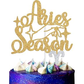 Aries Season Cake Topper, Big Aries Energy/March April Birthday Cake Decor, 12 Zodiac Constellation Birthday Party Decoration Supplies for Men Women, Gold Glitter