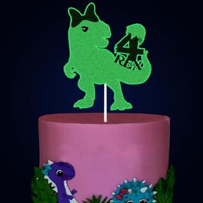 الوردي ديناصور كعكة عيد ميلاد سعيد Topper - توهج في Dark Dino Kids عيد ميلاد ديكورات كعكة الفتاة - Dino موضوع 1st 3rd 4th 5th السادس السادس ليلة عيد الميلاد لوازم الحفلات