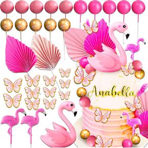 JeVenis 30 PCS Pink Flamingo Luau Cake Decorations for Birthday, Baby Shower, Bridal Shower, Wedding Party