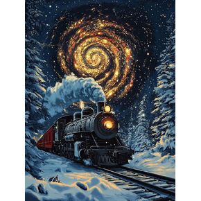 Yomiie 5D Diamond Art Kits for Adults, Train Diamond Painting Art Starry Night DIY Full Round Drill Kits, Embroidery Rhinestone Diamond Crystal Craft Canvas Home Wall Decor 12x16 inch