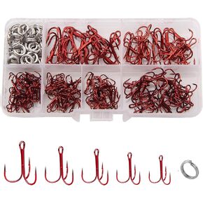 Treble Fishing Hooks Kit, 180pcs Red Treble Hooks Sharp Round Bend High Carbon Steel Fish Hooks Strong Barbed Hooks with Split Rings Stainless Steel for Lures Baits Saltwater Freshwater Fishing