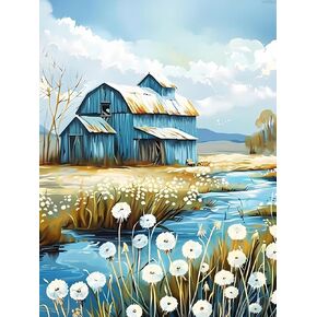 KAYEIUU Beautiful Blue Barn with Dandelions Funny Diamond Painting Kit for Adult DIY Full Drill Diamond Art Barn 5D Diamond Dots Kits Painting Crafts for Home Decor 12x16 inch
