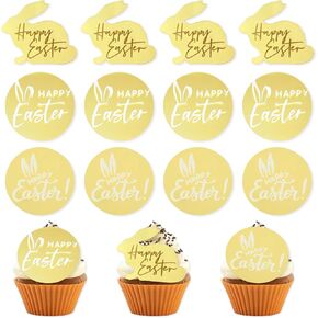 12 Pcs Happy Easter Cupcake topper Decorations Rabbit Mirror Gold Baking Food Acrylic Metal Accessory Baby Shower Party Decorations Supplies