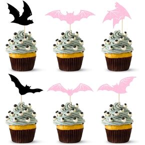 36pcs هالوين الخفافيش الكب كيك أعلى القبعات ، أسود ووردي هالوين cupcake اختيارات ، الكعكة topper لجميع القديسين ، لوازم أطفال عيد ميلاد الأطفال (الأسود والوردي)