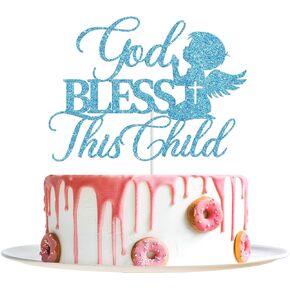 God Bless This Child Cake Topper, Girl Baptism Cake Topper, Religious Baptism Christening Baby Shower 1st Birthday Party Decorations, Gold Glitter