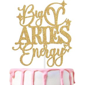 Big Aries Energy Cake Topper ، عيد ميلاد سعيد في مارس/أبريل ، موسم Aries ، 12 مستلزمات زخرفة عيد ميلاد كوكبة زودياك ، Gold Glitter