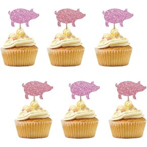 Set of 24 Pink Pig Cupcake Toppers for Farm Animal Themed Birthday, Rose Gold & Pink Glitter Oink Pig Cupcake Toppers, Cute Pig Cupake Picks for 1st Birthday/Farm Themed Party Supplies