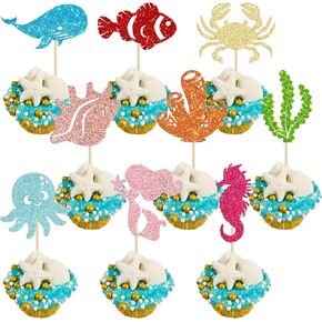 ephlyn 36pcs cupcake cupcake topcake بريق حيوانات البحر المحيطات حيوانات كب كيك أعلى الأقطار النجمة الحصان الحصان تحت سيارات البحر لقطات محيطية للاستحمام طفل عيد ميلاد اللوازم