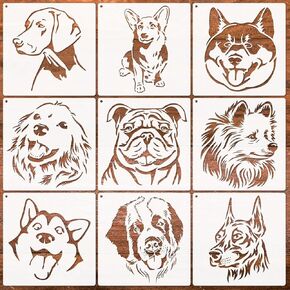 9 Pieces Dog Stencil, Dog Head Stencil Golden Retriever Labrador Shiba Inu Husky Eskimo Bulldog Corgi for Painting On Dog House, Wood Signs, Walls, Wallpaper and Fabrics