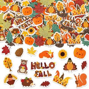 Whaline 600Pcs Hello Fall Foam Stickers Autumn Animal Maple Leaves Glitter Foam Decals Mixed Thanksgiving Self-Adhesive Stickers for DIY Art Craft Scrapbook Journal Decor Party Supplies