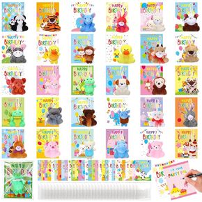 yexiya 30 pack هدايا عيد ميلاد مجموعات للأطفال Mini Animal Plush Toy مع 30 بطاقة عيد ميلاد ملونة و 30 هدايا عيد ميلاد التعبئة والتغليف للمدرسة للحصول على مفضلات حفلة عيد الميلاد