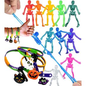 UpBrands 108 Halloween Party Favors for Kids, Bulk Non-Candy Treats: 72 Fidget Toys Zipper Bracelets & 36 Stretchy Skeleton Toys, Kit for Halloween Goodie Bags & Pinata Fillers