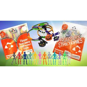 UpBrands 240 Halloween Party Favors For Kids, Bulk Non-Candy Treats: 120 Fidget Toys Zipper Bracelets & 120 Stretchy Skeleton Toys, Kit for Halloween Goodie Bags & Pinata Fillers