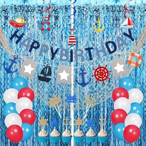 junkin 59 PCS Cruise Birthday Decorts تشمل صافي الأسماك ، دوامات الإبحار ، لافتة بحرية ، توببر الكعكة ، الستائر Foil Fringe والبالونات اللاتكس للفتيات الفتيات الصيفيات الأحداث الصيفية
