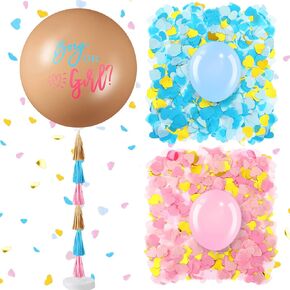 Syhood Jumbo Gender Reveal Balloon Pop Kit 36 Inch Boy or Girl Balloon with 10 Blue Pink Balloons Heart Shaped Confetti Tassels Balloon Stand Baby Shower Party Supplies Decorations (Neutral)