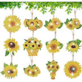 SAVITA 12pcs Sunflower Diamond Artistic Painting Keychain, Spring Summer Theme Sunflower Diamond Art Key Chains DIY Diamond Artistic Sunflower Ornaments with Lobster Clasp Ball Chain for Crafts Making