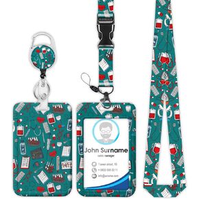 Medical Pattern Badge Holder with Lanyard, Lanyards for ID Badges Women, Cute Badge Reel Retractable, ID Card Holder Keychain Name Badge Clip, Nurse Teacher student kids Gifts(Green)