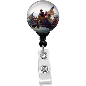 Emanuel Leutze - Washington Crossing The Delaware - وطني الولايات المتحدة الأمريكية العلم - يوم الذكرى الرابع من يوليو ، اسم بطاقة هوية العلم الأمريكية الأمريكية علامة مخصصة شارة قابلة للسحب (سوداء شارة بكرة مقطع)