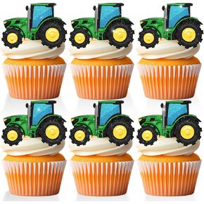 18 PCS Tractor Cupcake Toppers for Birthday Baby Shower Construction Cake Decor Picks Glitter Green Tractor Party Supplies Farm Birthday Party Decorations