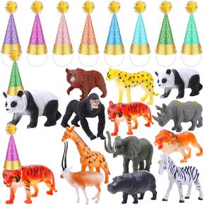 44 PC Safari Animal Cake Toppers Party Cake Animal Topper Jungle Cake Decorations Animal Birthday Cake Toppers Include 12 Animals Figures 16 Party Hats with 16 Pom Poms (Dinosaur, Colours)