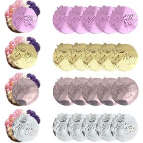 20 Pcs Happy Mother's Day Cupcake Toppers Acrylic Disc Mirror Cake Decoration Rose Flower Cake Picks 4 Colors Round Cake Engraved Toppers for Mom Birthday Party Decor