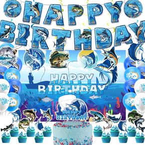 Gone Fishing Birthday Party Party Decorations Fishing Party Supplies تشمل لافتة عيد ميلاد صيد شنقًا معلماً دوامات خلفية كعكة الكعك العلوي البالونات لزخارف حفلات الصيد
